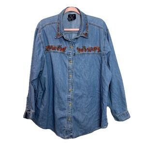Vintage Solutions Original Denim Shirt Embroidered‎ Fall Scenery Size 22/24 90s